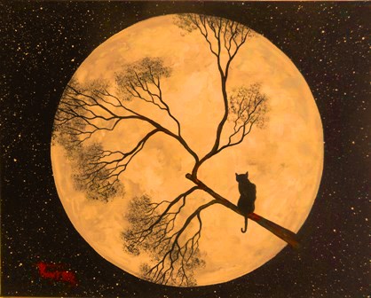 Cat on the Full Moon – Acrylic Painting on Canvas