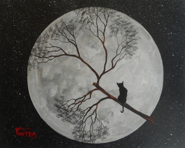 Cat on the full moon acrylic on canvas by yannis koutras koutrasart