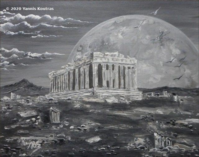 Parthenon on the Full Moon - Original Acrylic Painting on Canvas Panel in Black and White